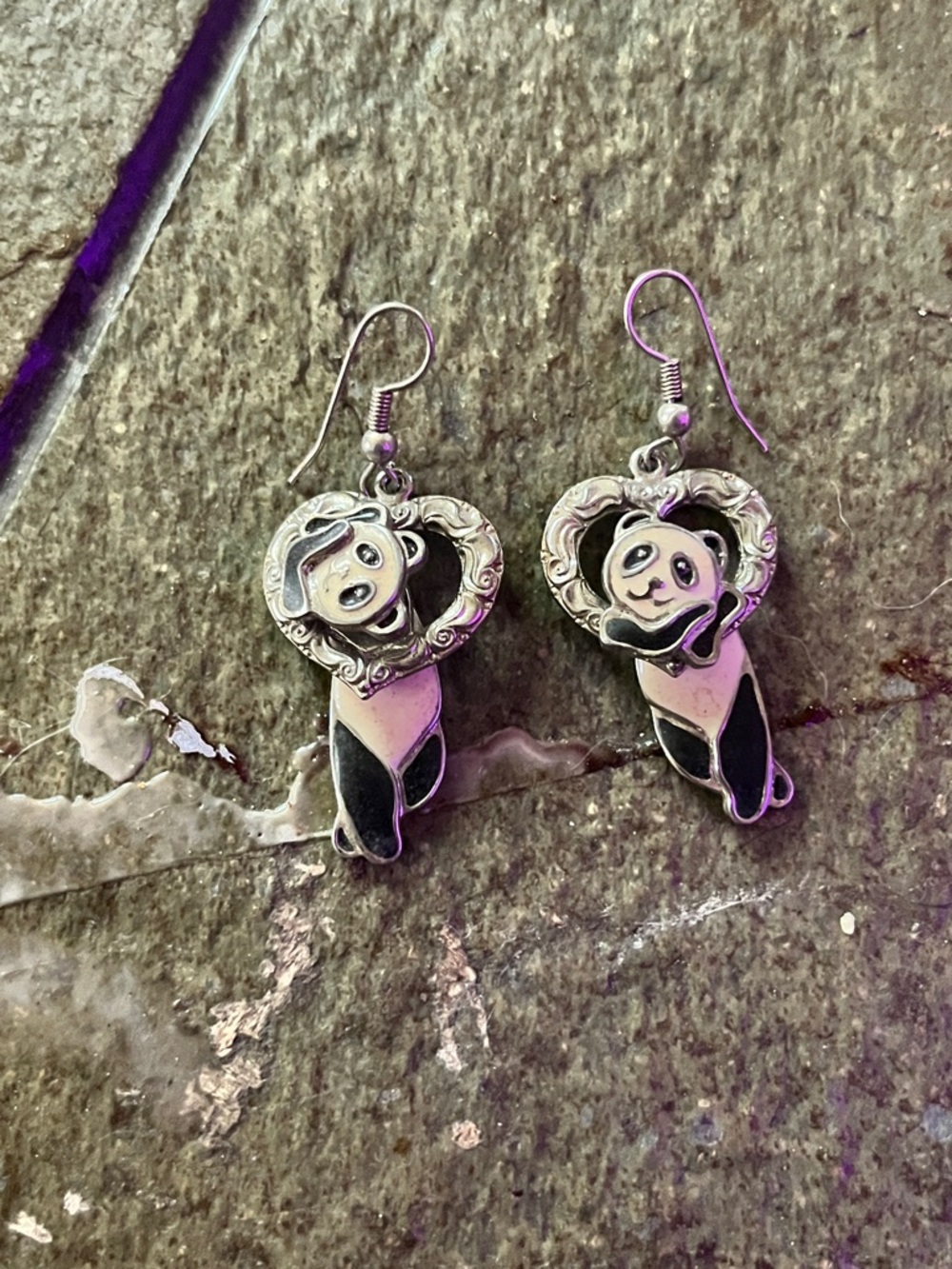 Panda Heart Drop Earrings in Black & Silver Tone Berebi Designed
